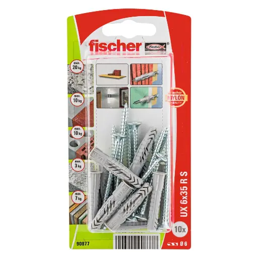 Taco universal FischerUX 6 x 35 RS K con reborde y tornillo