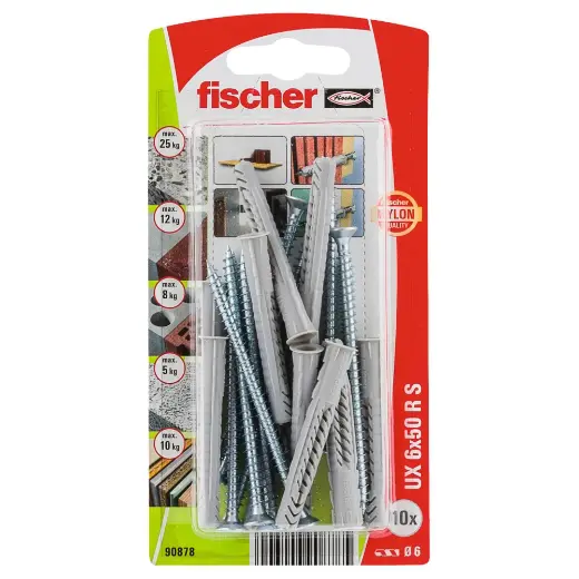 Taco universal FischerUX 6 x 50 RS K con reborde y tornillo