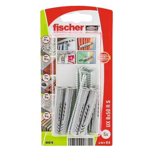 Taco universal FischerUX 8 x 50 RS K con reborde y tornillo