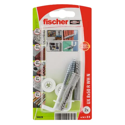 Taco universal fischer UX 8 x 50 WH N K con reborde y alcayata plastificada